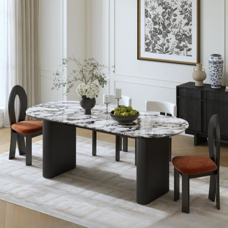 

French retro Bulgari, dining table marble, natural luxury stone oval, black medium and ancient style, high-end dining table