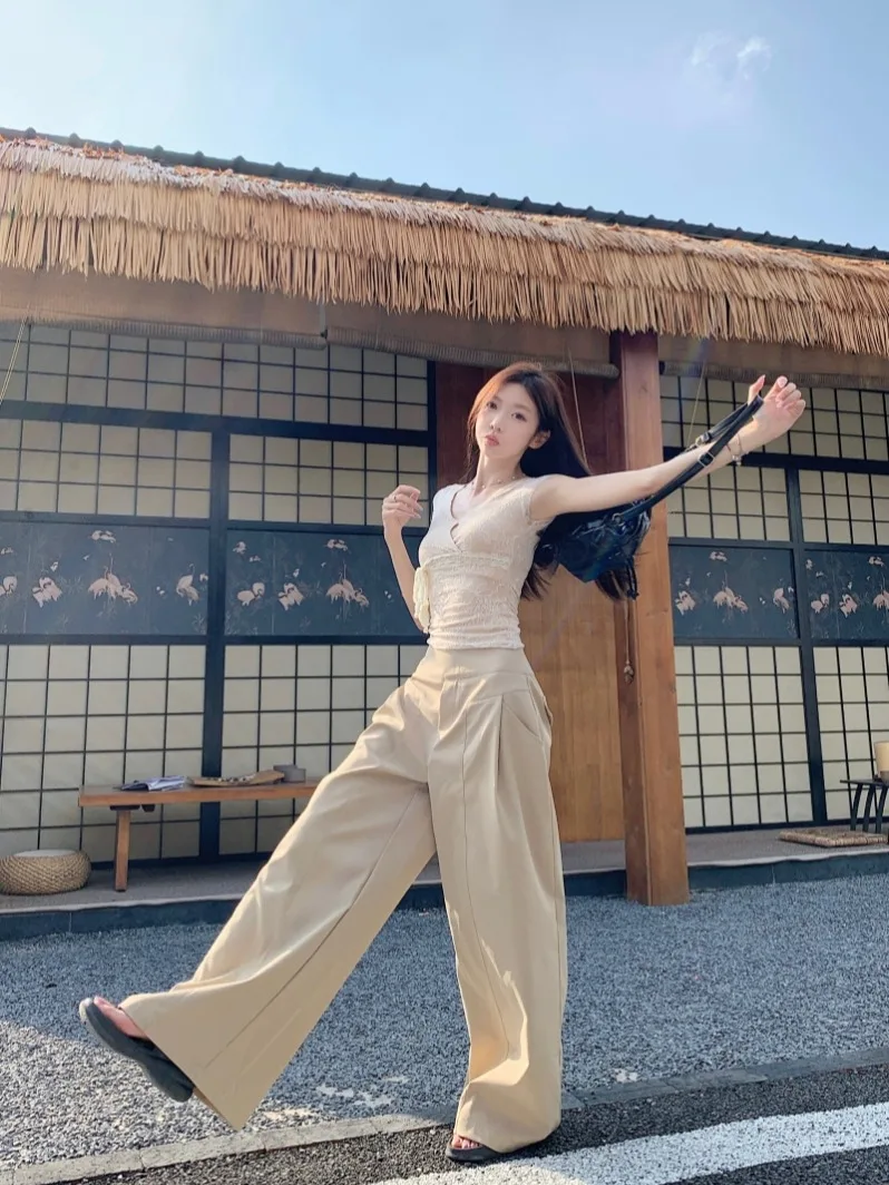 Retro minimalistisch ontwerp geplooide kaki casual cargobroek voor dames lente/zomer hoge taille zak losse broek met rechte pijpen