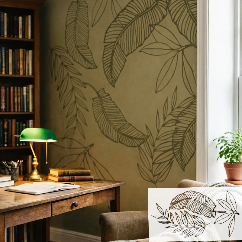 58cm - 97cm Stencil DIY Wall Painting Template Mural Home Decor Reusable Modern Tropical Palm Tree Leaf Line Art S582