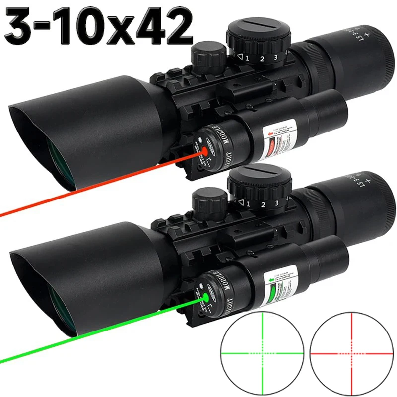 

3-10X42E Tactics Rifle Scope Red/Green Laser Sight Range Crosshair Reticle Airsoft/Riflescope Shooting Hunting Optics Scope