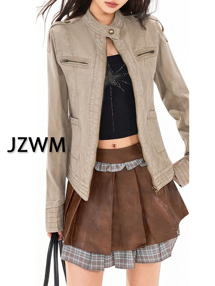 khaki-american-workwear-vintage-jaet-women's-spring-new-zipper-collar-loose-lazy-long-sve-top-anti-wrinkle-multi-ket