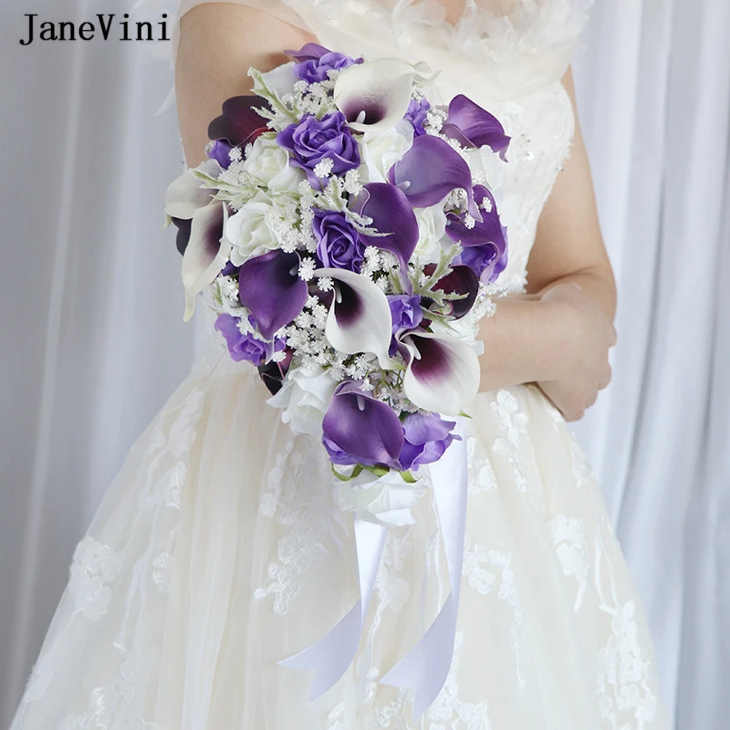 JaneVini New Elegant Purple Calla Lily Cascading Bride Bouquet Waterfall White Roses Flowers Bridal Bouquets Wedding Accessories