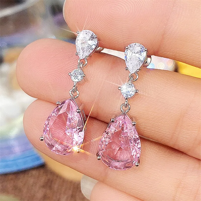 Huitan حساسة الوردي تشيكوسلوفاكيا إسقاط أقراط النساء حفل زفاف موضة الكمثرى الأذن اكسسوارات يتوهم هدية عيد ميلاد بيان مجوهرات