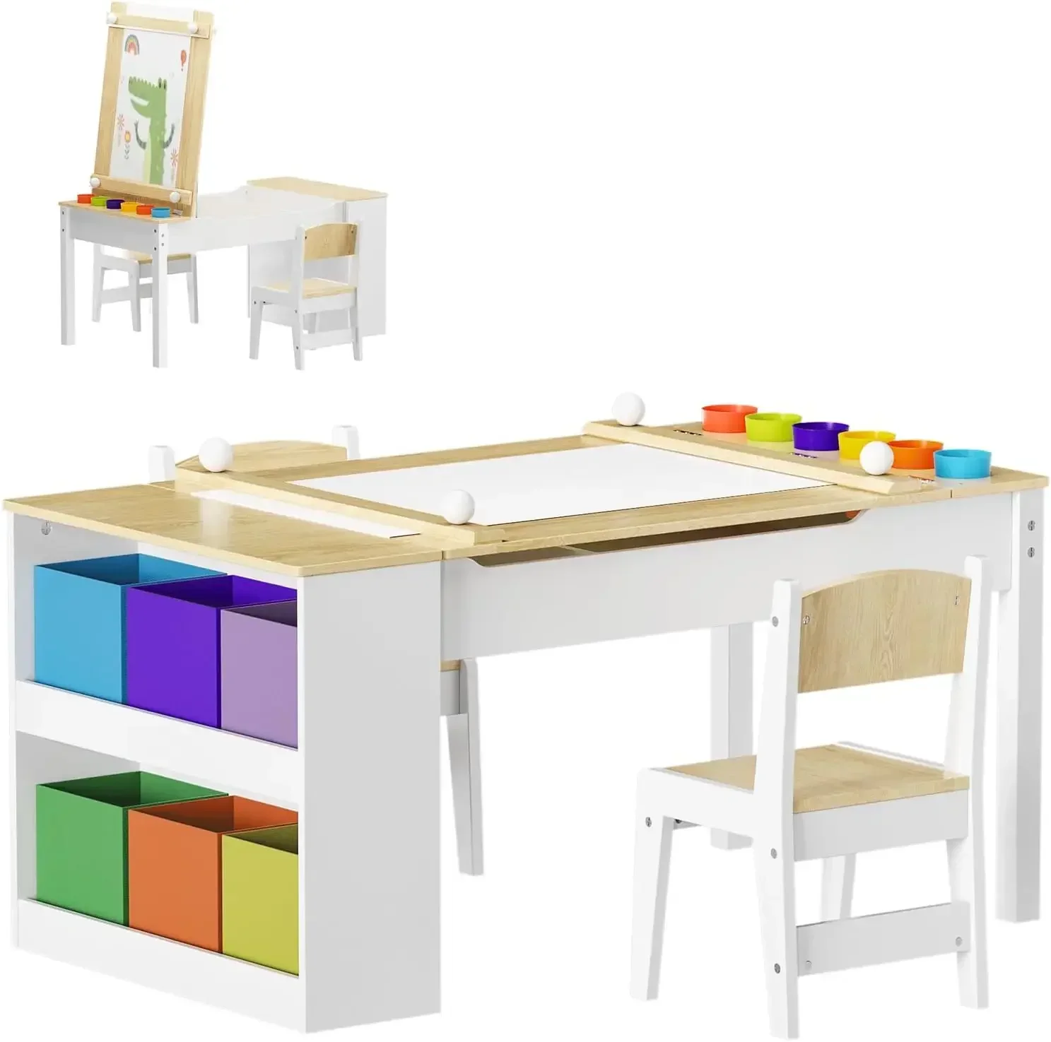 Kids Art Table and Easel Chair Set with Storage Bins & Paper Roll, Toddler Craft Play Wood Activity Desk for Art, Drawing, Readi