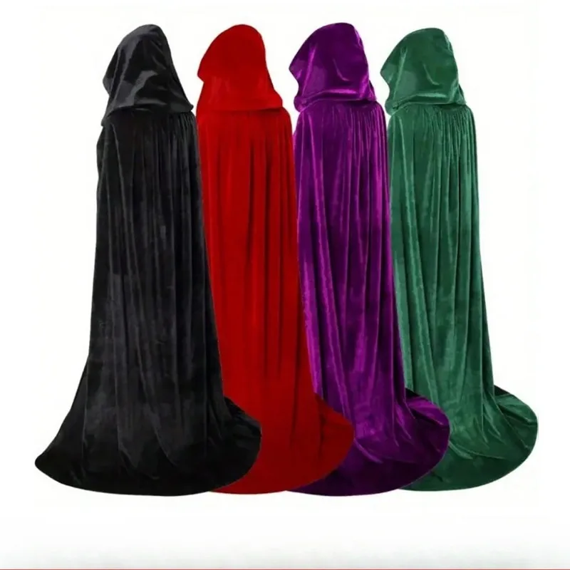 1PCS Halloween Cosplay Cloak Polyester Velvet‑Texture Hooded Train Cloak With Tie Design Holiday Party Masquerade DIY Dress‑up