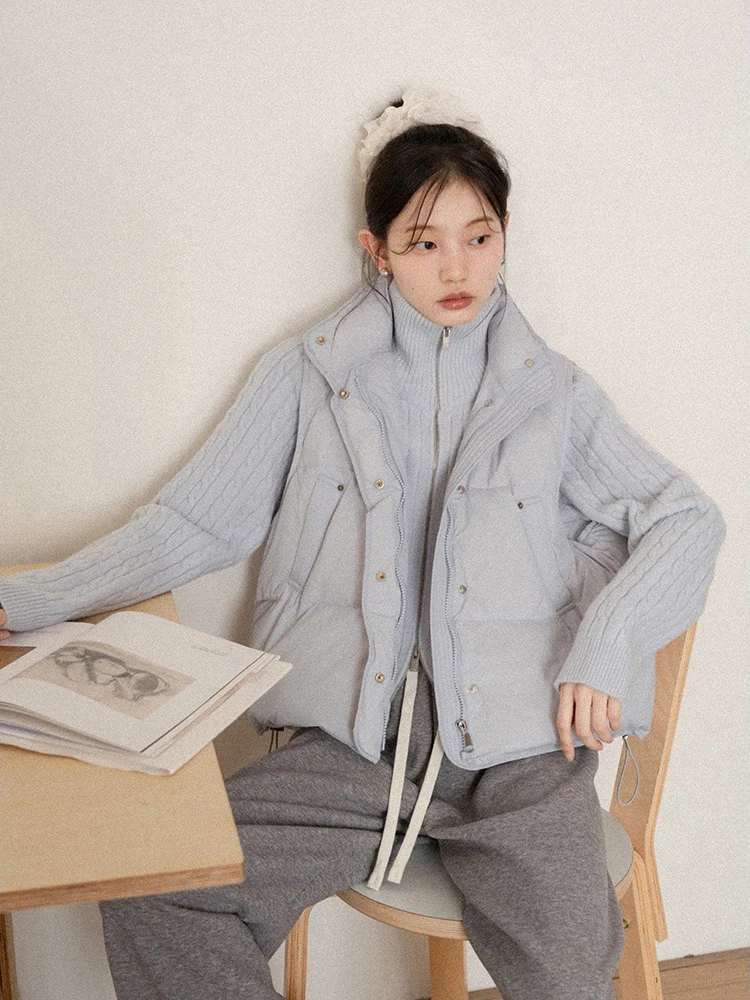 

Korean Style Light Blue Cotton Vest Outerwear Women's High Collar Knitted Open Cardigan Wide Leg Pants Three Piece Set