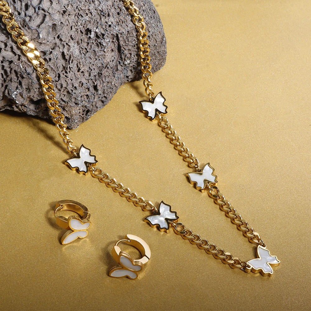 

Stainless Steel Luxury Jewelry Set Shell Butterfly Pendant Necklace Star Hoop Earrings Texture Chain Gold Color Necklace