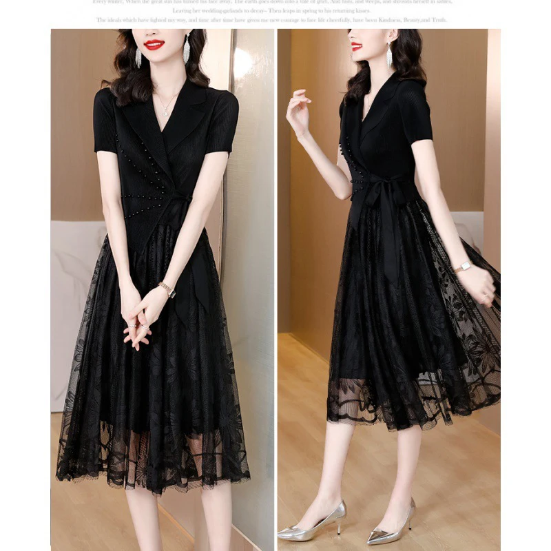 البدلة طوق اللباس المرأة الصيف تصميم جديد أناقة التطريز مطوي أعلى خياطة الأزياء شبكة ألف خط فساتين متوسطة الطول