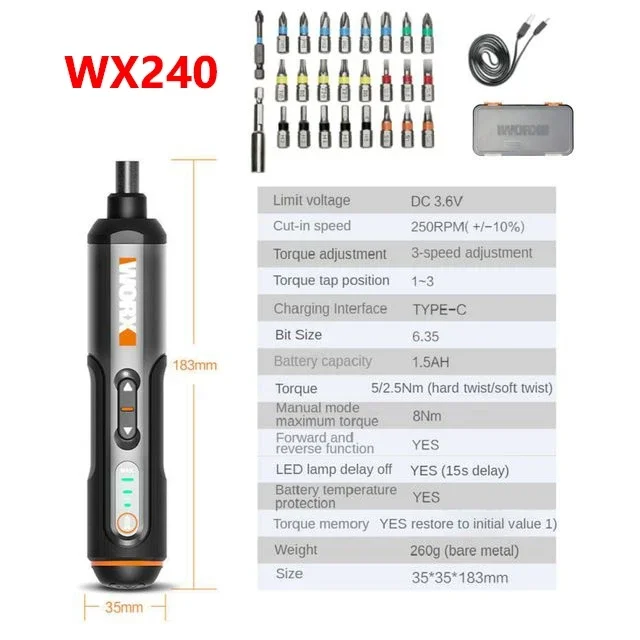 Electrical Screwdriver Set Worx 3.6V WX240 Smart Cordless Electric Screwdrivers USB Rechargeable Handle 24 Bit Sets Tools