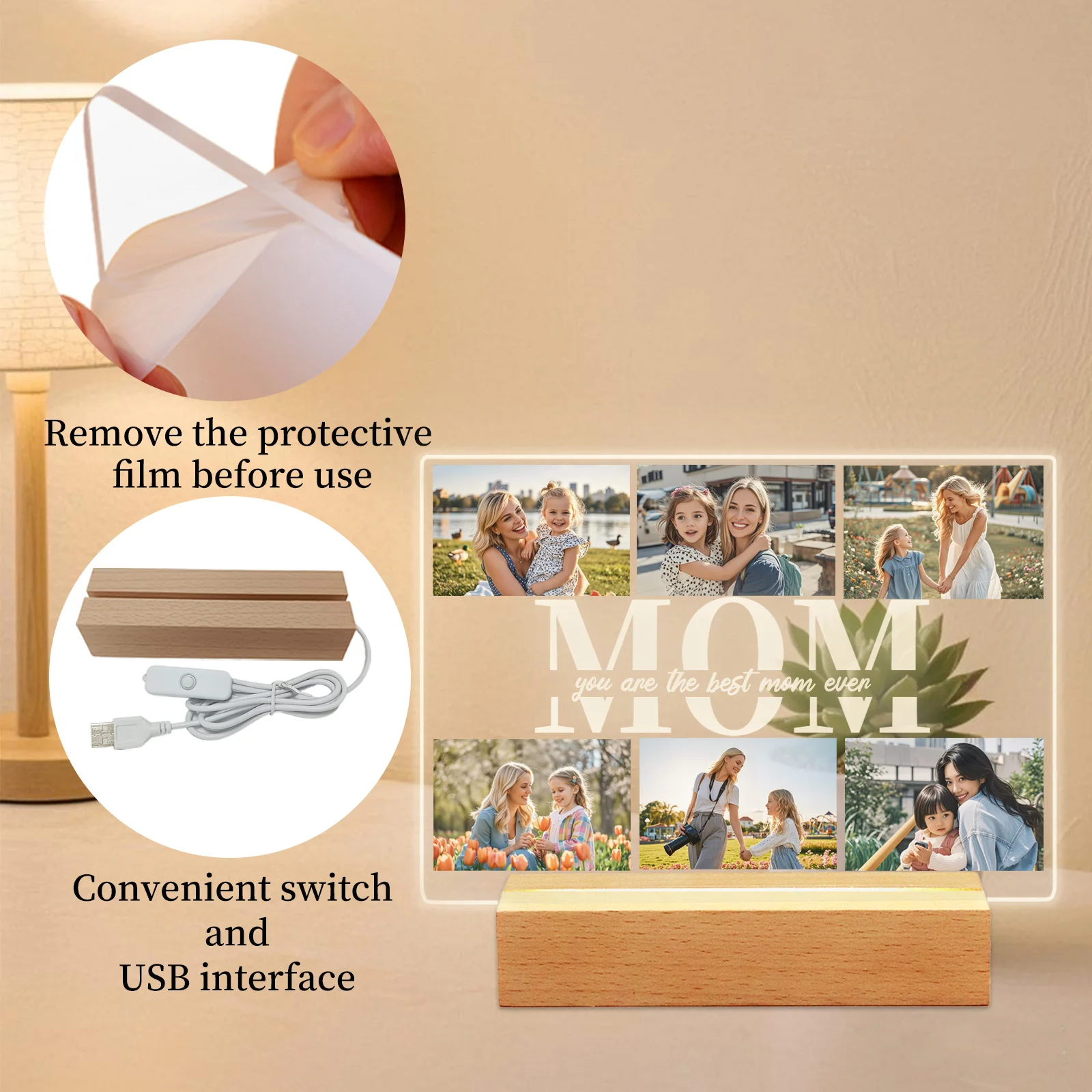 Personalized Photo Acrylic Plaque Custom Mothers Day Night Light for Mom Birthday Present Home Decor Family Keepsake Unique Gift