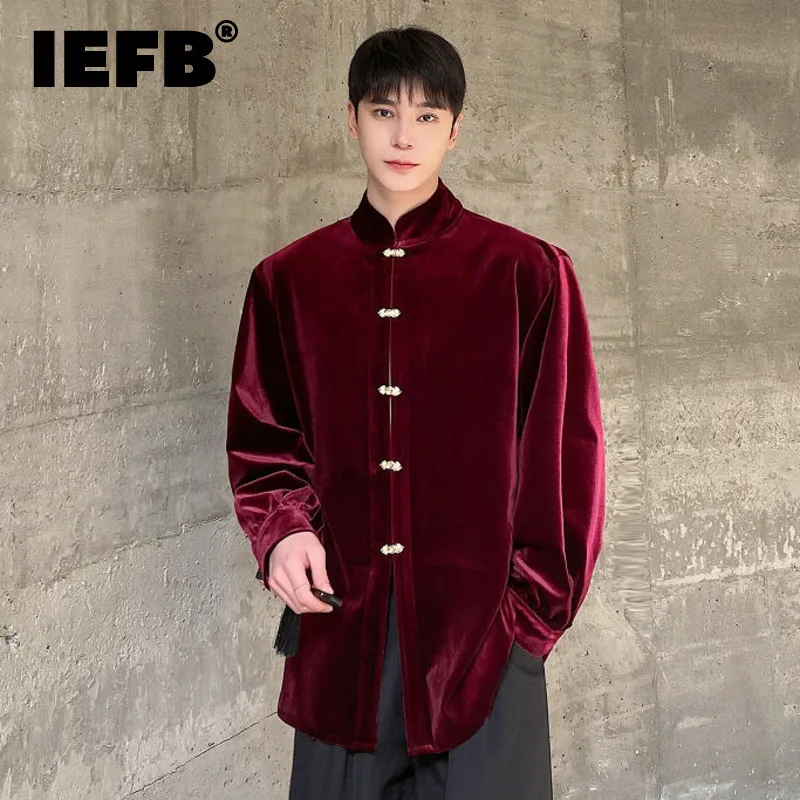 

IEFB 2024 Trendy Men Shirt New Chinese Style Velvet Metal Buckle Stand Collar Long Sleeve Men's Shirts Spring Trend Loose 9C5162