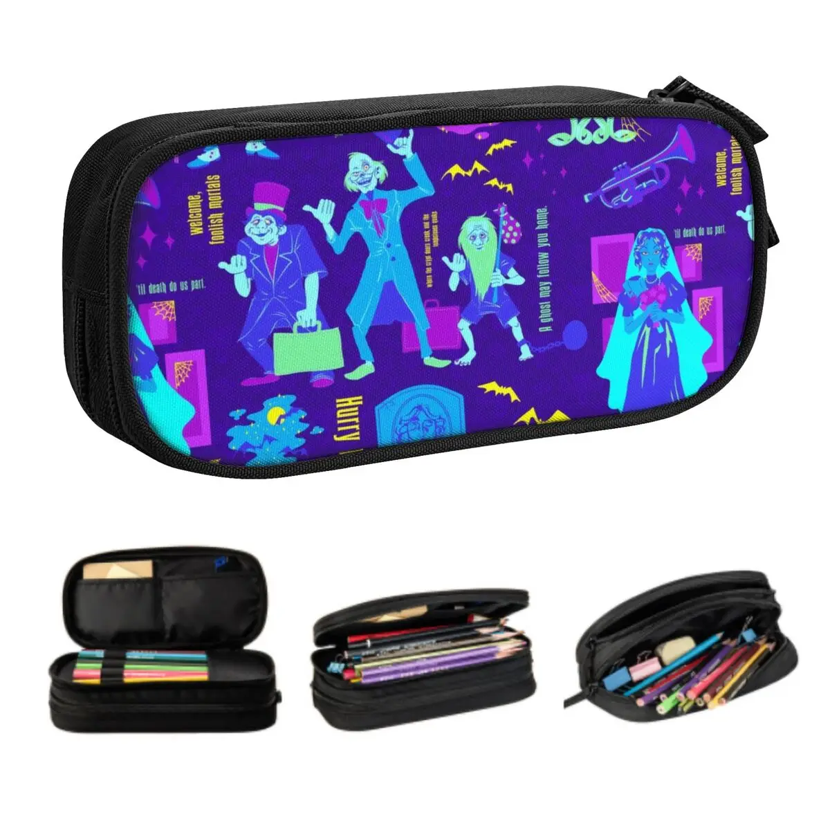 Custom Happy Haunts Kawaii Pencil Cases Large Capacity Haunted Mansion Grim Grinning Ghost Pencil Pouch Students Stationery