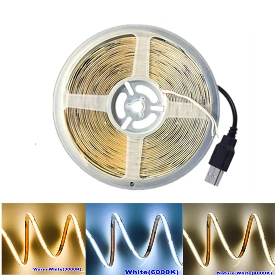 USB DC 5V COB Led Strip Light USB powered High Density Linear Lighting 320LED/m Flexible LED strip 3000K/4500K/6500K Colors