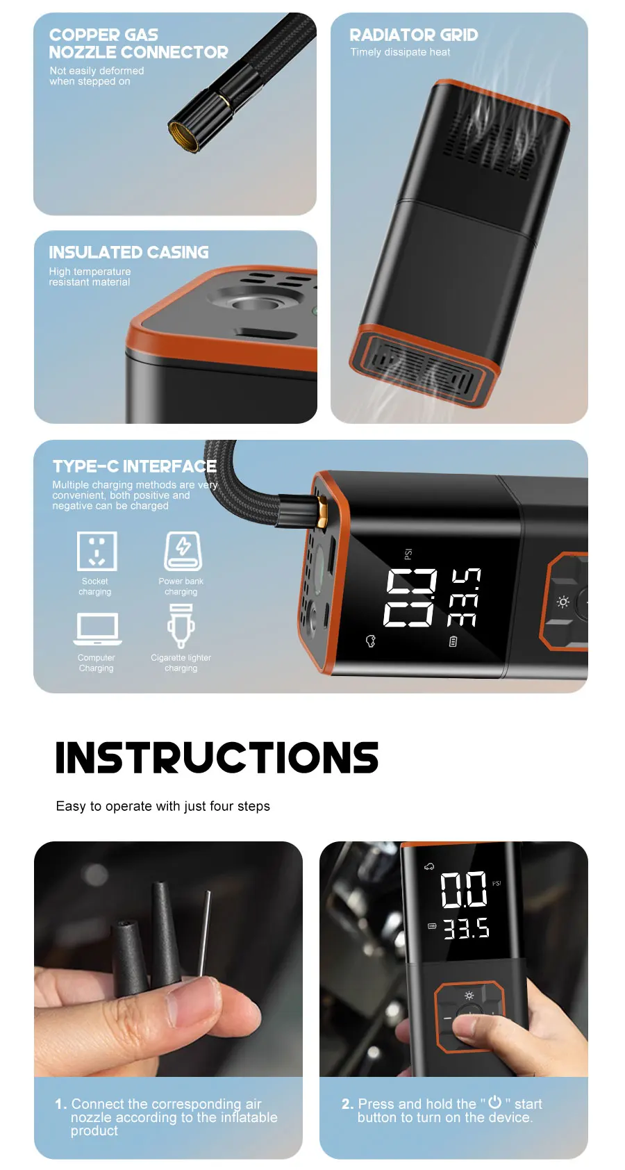 Portable 150PLS Tyre Inflator, Air Compressor, Power Bank Suitable for Cars, Bicycles, Motorcycles, Tyres, and Balls