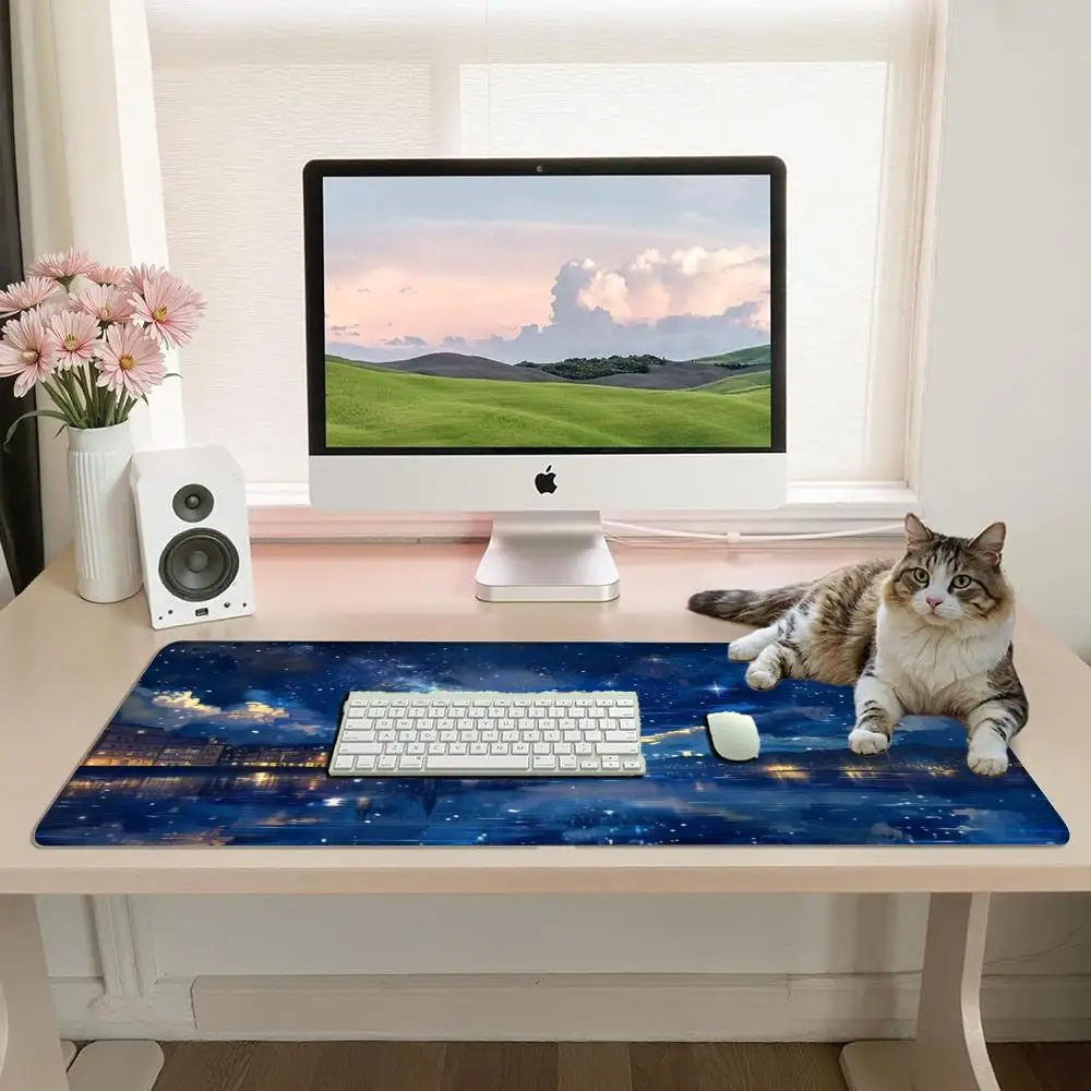 Big Computer Desk Pad Galaxy Starry Night Town Lake Pattern Non Slip Gaming Mouse Mat for Game and Office Table