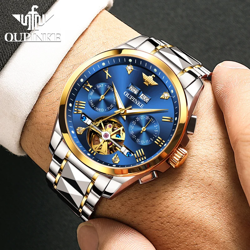 OUPINKE Original Automatic Mechanical Watch for Men Flywheel Design Tungsten steel Sapphire Mirror Luxury Brand Man Wristwatch