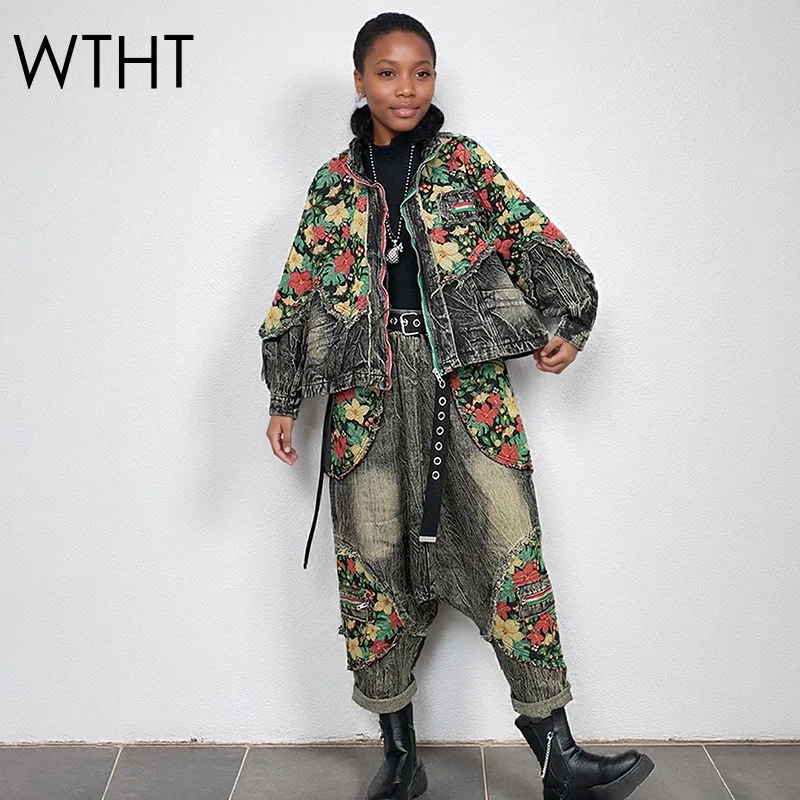 

WTHT 2025, новая зимняя модная женская жаккардовая джинсовая куртка для тяжелой промышленности, свободные джинсы с эластичной резинкой на талии, женские 1LS2583