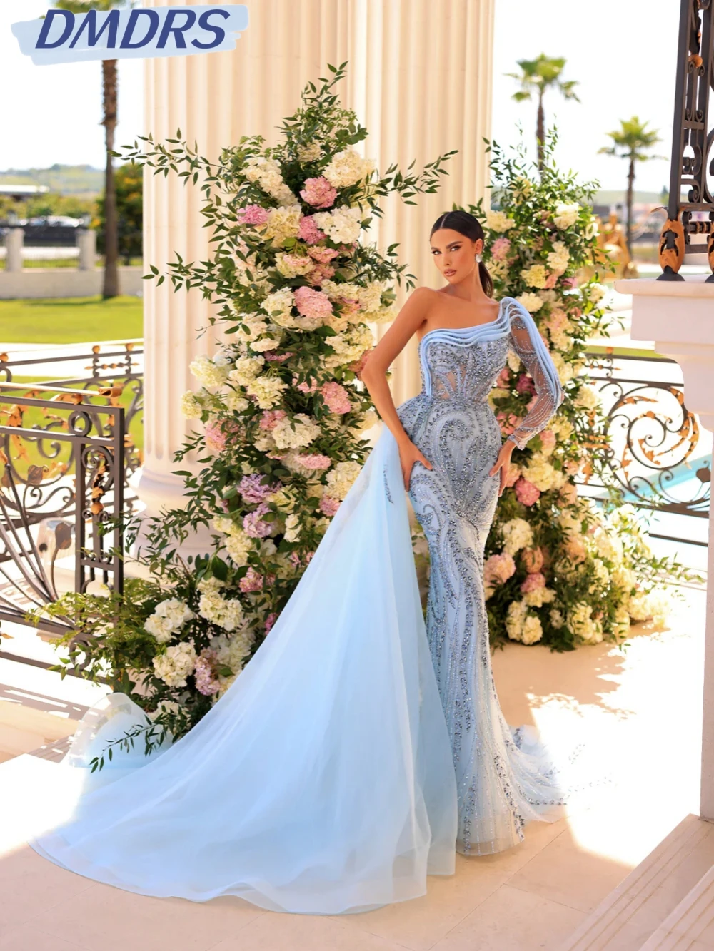 

Light Blue Crystal Long Evening Dress With Side Train Elegant One Shoulder Wedding Party Gown Customized Gorgeous Prom Dresses
