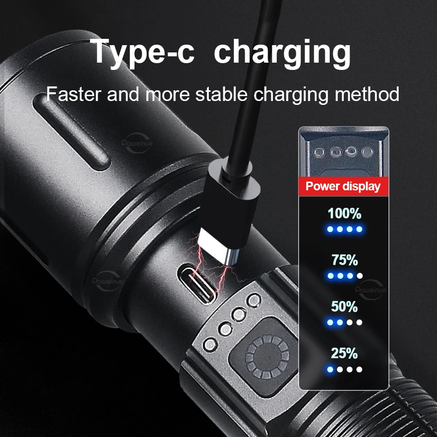 9900LM High Power LED Rechargeable Flashlight Powerful LED Lantern Type-C Charging LED Flash Light New Model 3 Modes Hand Torch