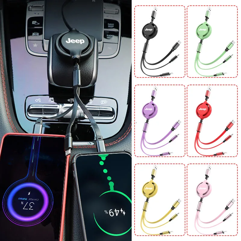 Cabo de Carregamento USB Retrátil 3 em 1 para Carro, para Jeep Wrangler, Grand Cherokee, Compass, Renegade e Tampas de Válvula de Pneu