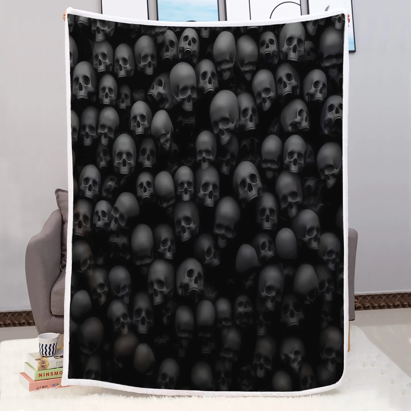Black 3D Skull Sherpa Blanket, Gothic Dark Skeleton Throw Blanket, Cool Print Soft Flannel Blanket for All Seasons