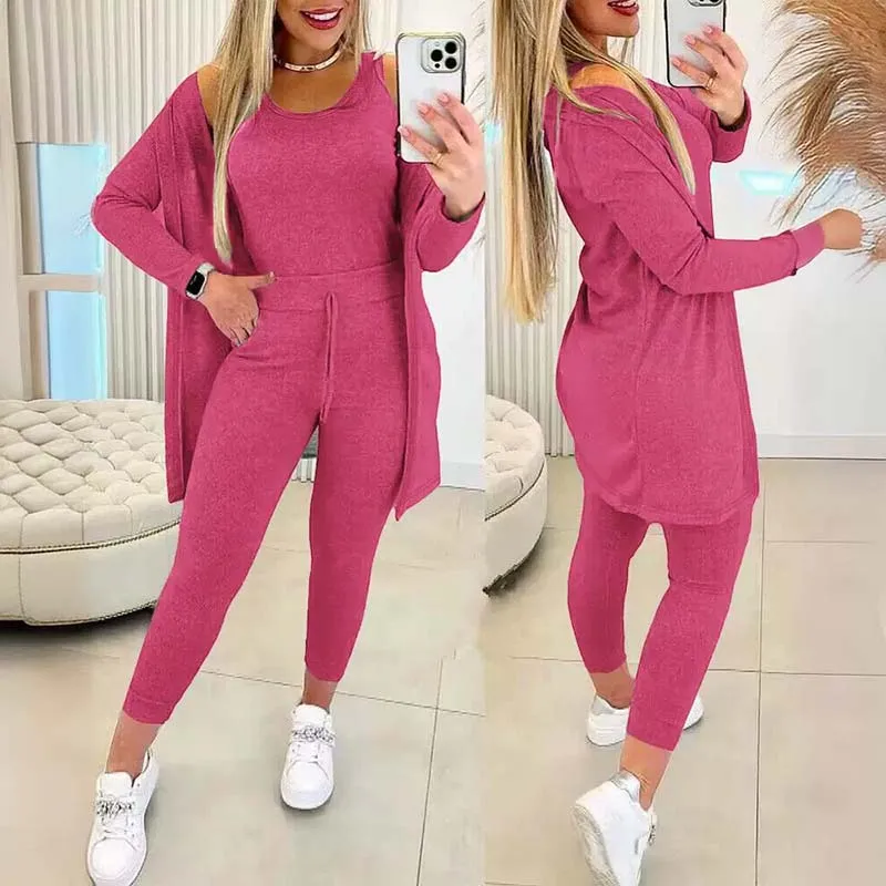 Women\'s Three-piece Pant Set Causal Nightgowns High Stretch Comfortable Jacket + Vest Top + Pants Suit 2024 Autumn Winter Home