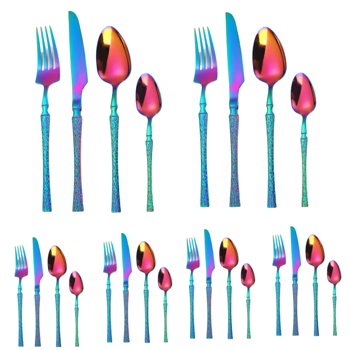 

A · HOUSEWARE Rainbow Silverware with Bark Pattern Handle 24 Piece Stainless Steel Flatware Set for 6 Eating Utensils Tableware