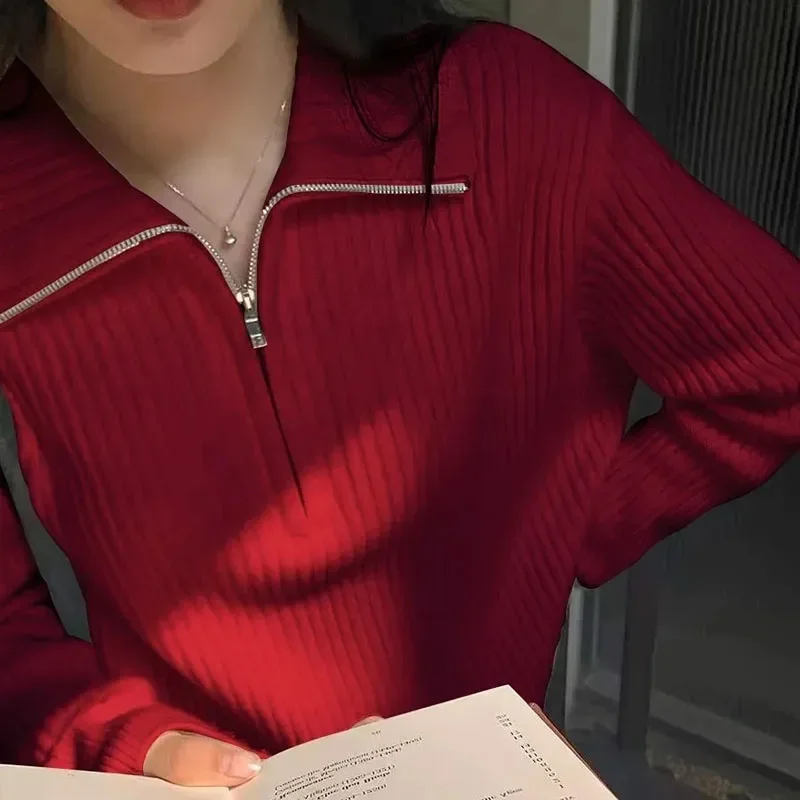 ニットセーター女性秋冬新厚み暖かいジッパージャンパー女性カジュアルシンプルな無地リブプルオーバー