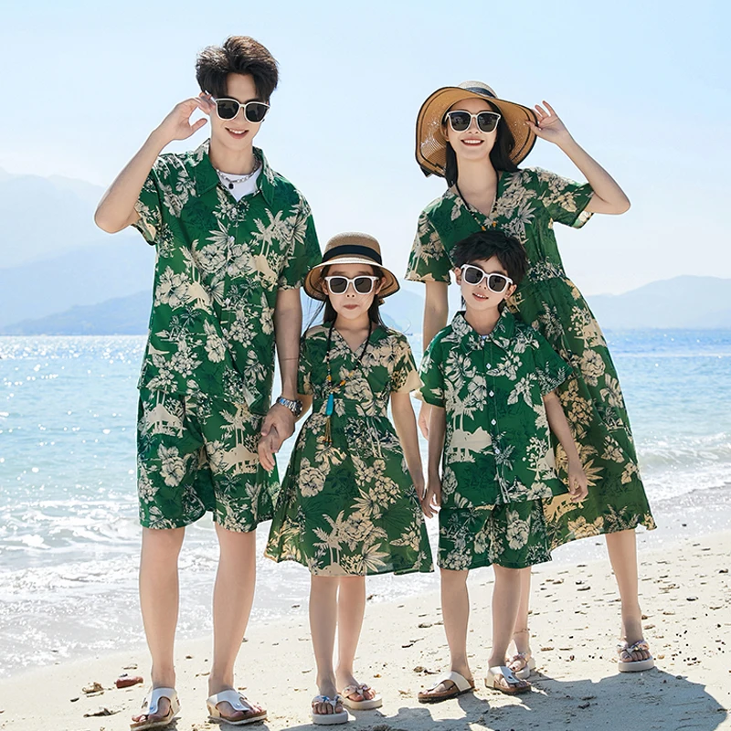 Summer Beach Family Matching Outfits Mum Daughter Dresses Holiday Seaside Dad Son Floral Shirts/T-shirt+Shorts Couple Clothes