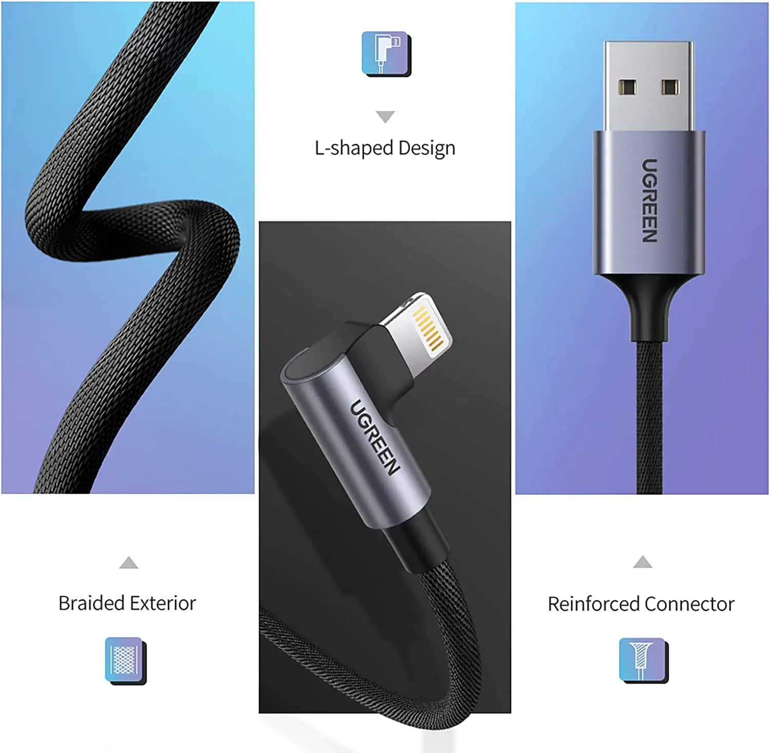 كابل شاحن UGREEN 90 درجة لهاتف IPhone، سلك كابلات شحن سريع USB-L، كابل USB 2.0 مضفر من النايلون بزاوية قائمة