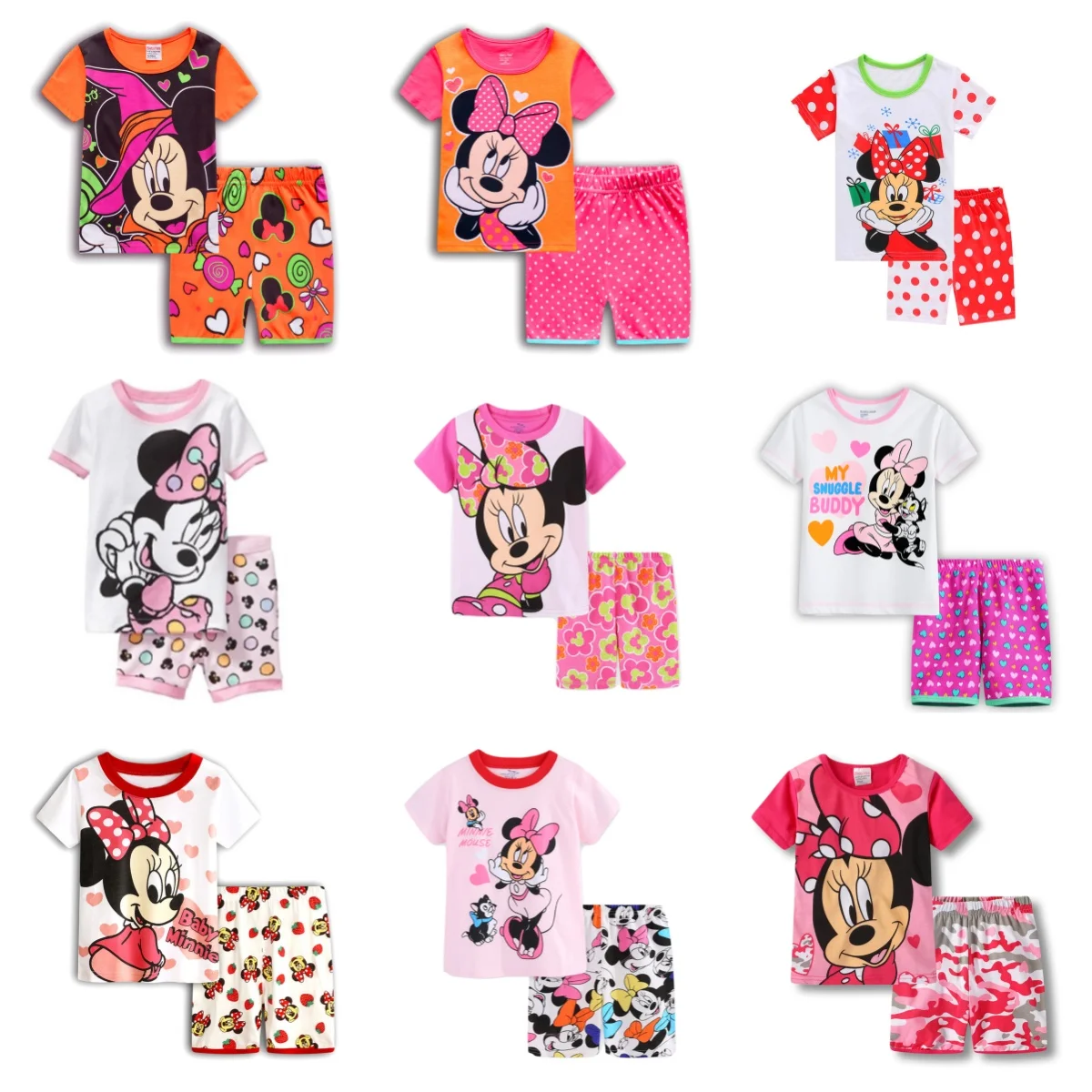 New Summer Children Pajamas Set Short Sleeve T Shirt Shorts Girls Pyjamas Kids Pijamas Minnie Cartoon Baby Sleepwear