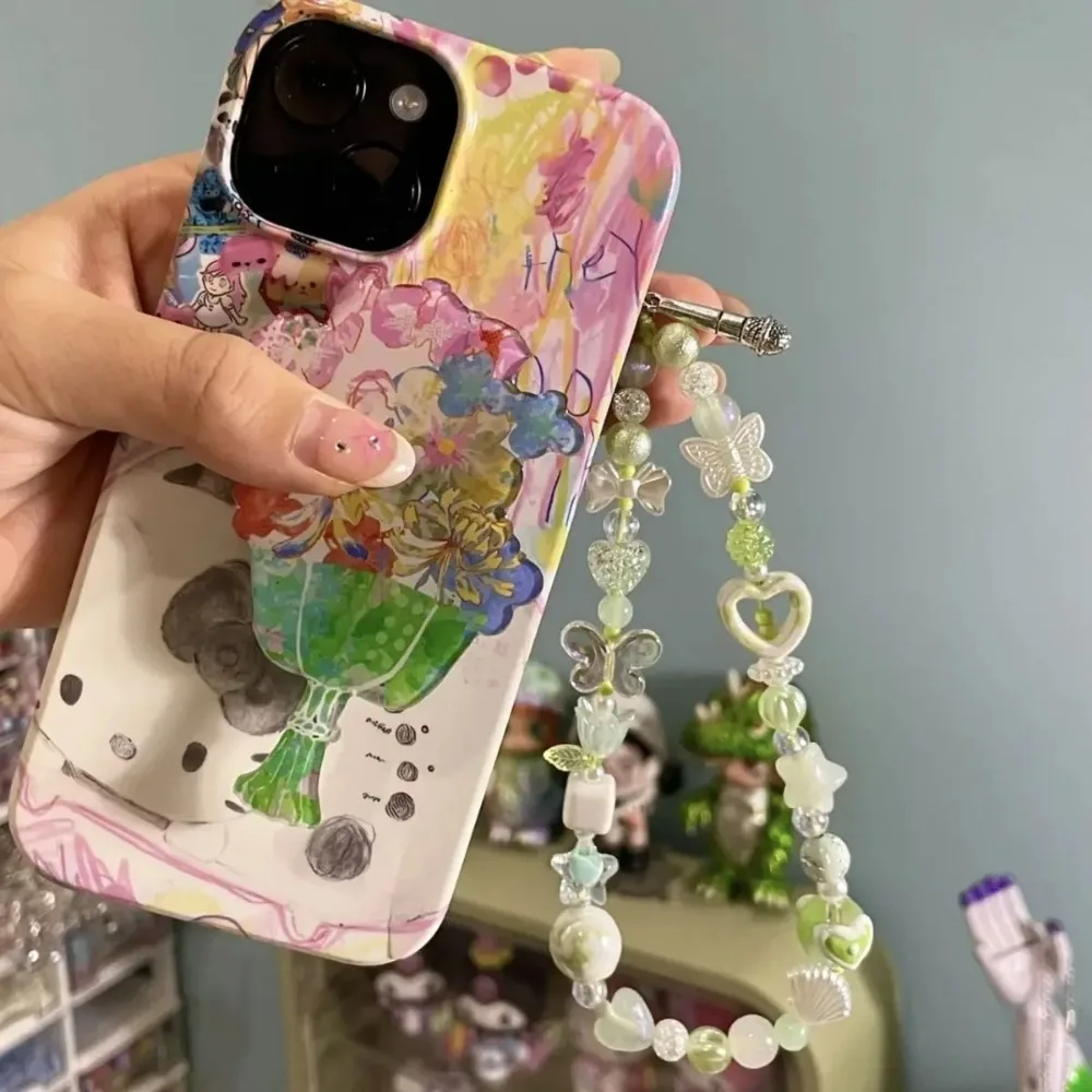 الأخضر زهرة شريط لتعليق الهاتف المحمول الحبل لطيف Kawaii فراشة سحر المفاتيح حالات ل IP 15 Airpods سماعات Ins كوريا الساخن اليدوية