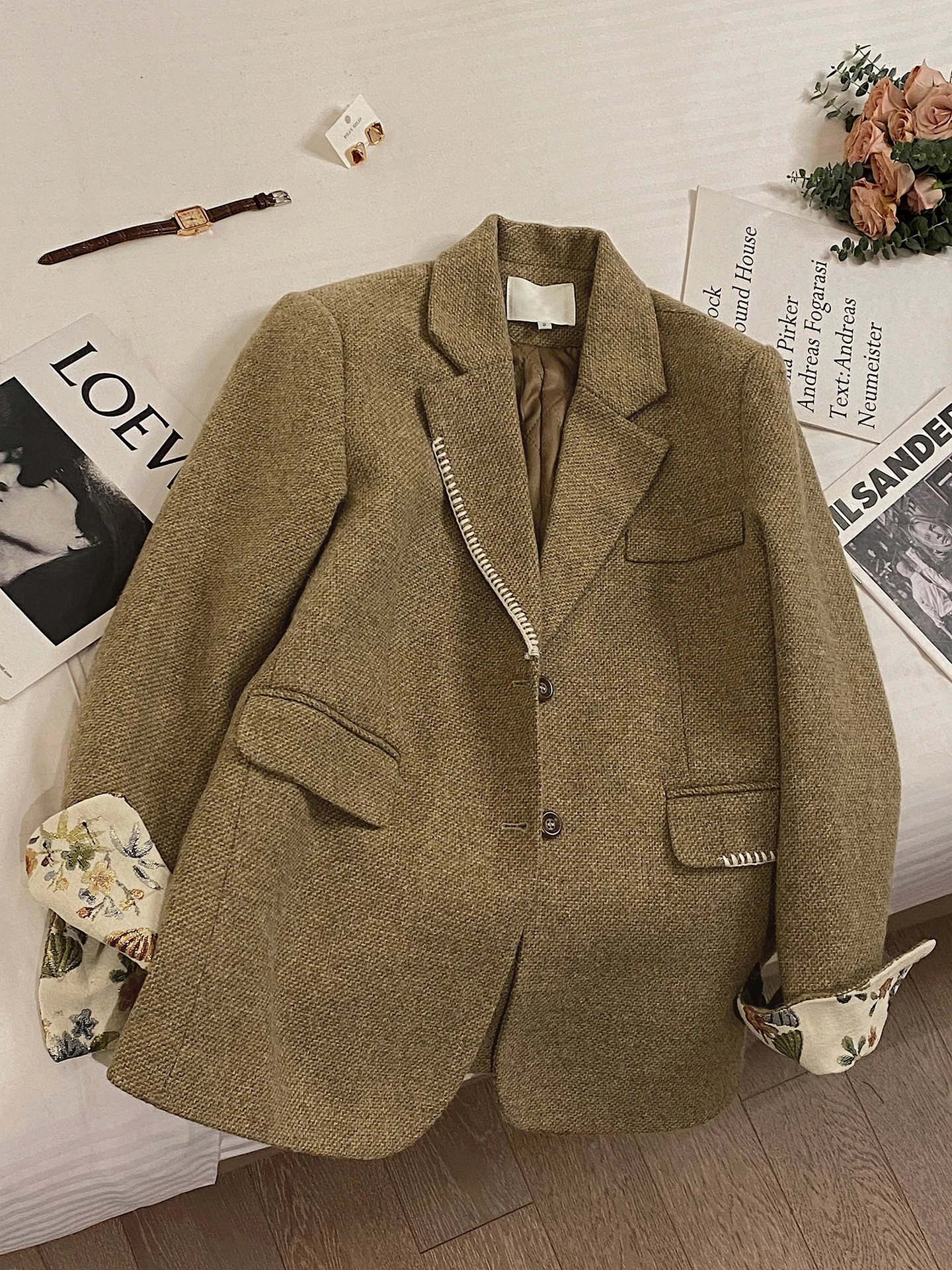 

Ele Loose Women's Woolen Suit Jaet Spring Autumn Unique Beautiful Faionable Outerwear Casual Chic Sle Coat