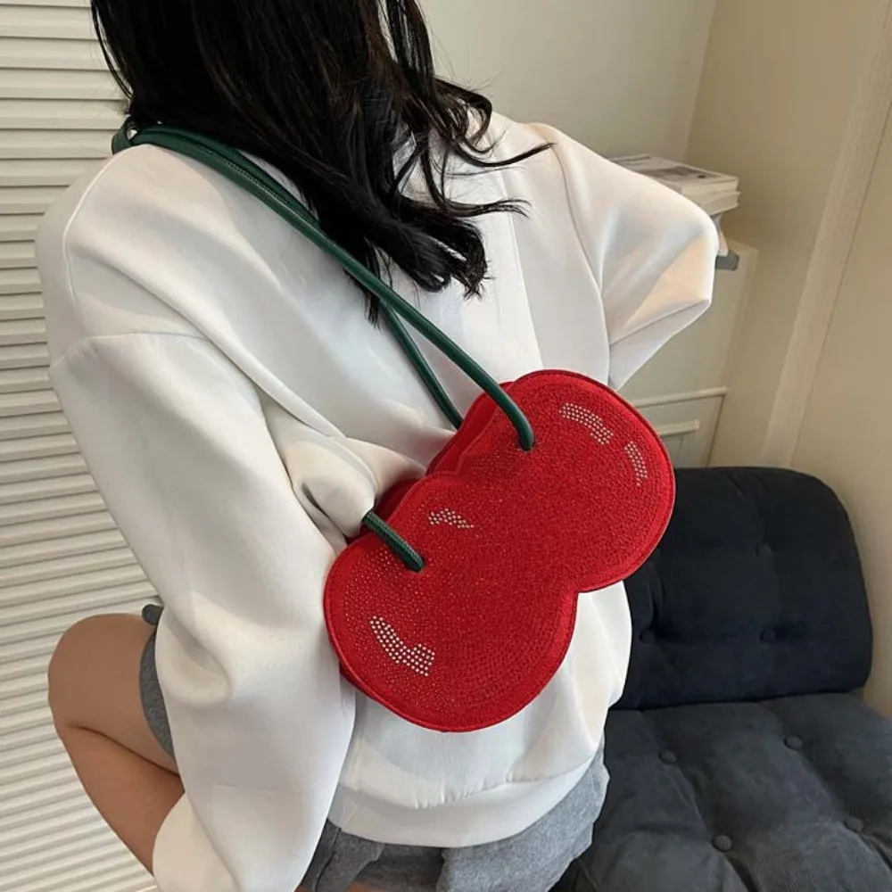 

Sweet Cherry Shape Underarm Bag Anti-splash Water Creative Red Fruit Handbag Polyester Lightweight PU Rhinestone Bag Vacation