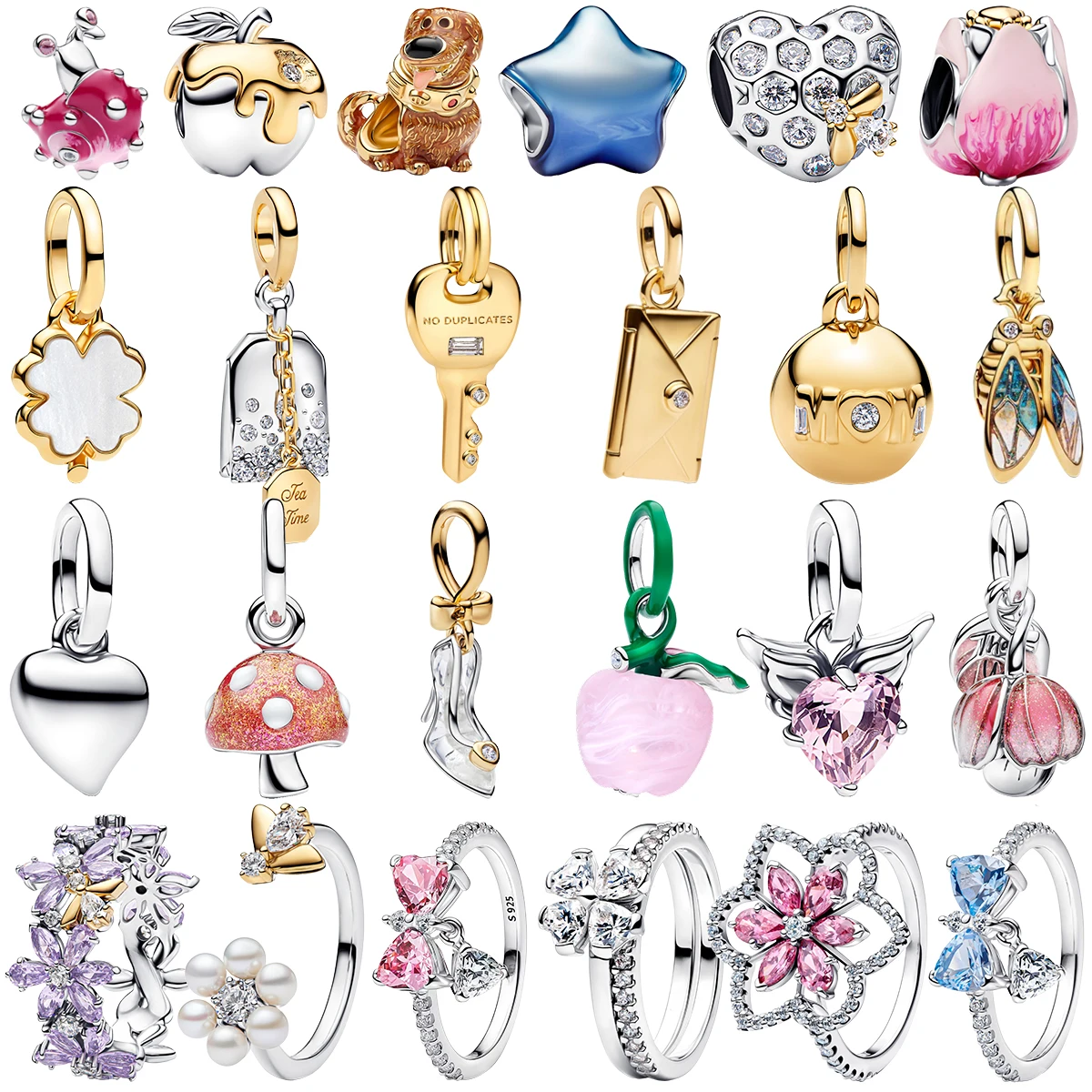 

925 Sterling Silver Charm Ring Beads Fairy Sweet Puppy Apple Star Heart Tulip Mushroom Inlaid Gem DIY Bracelet Gift Fine Jewelry