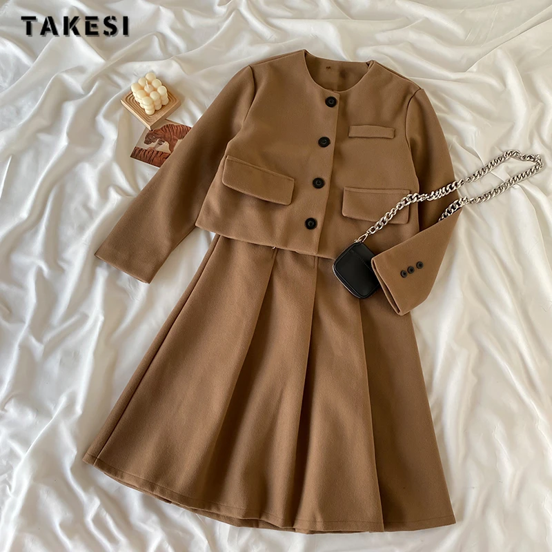 

2023 Autumn Elegant Vintage Solid Color 2 Piece Set Women Long Sleeve Coat Top + Pleated Skirt Office Lady Two Piece Skirt Set