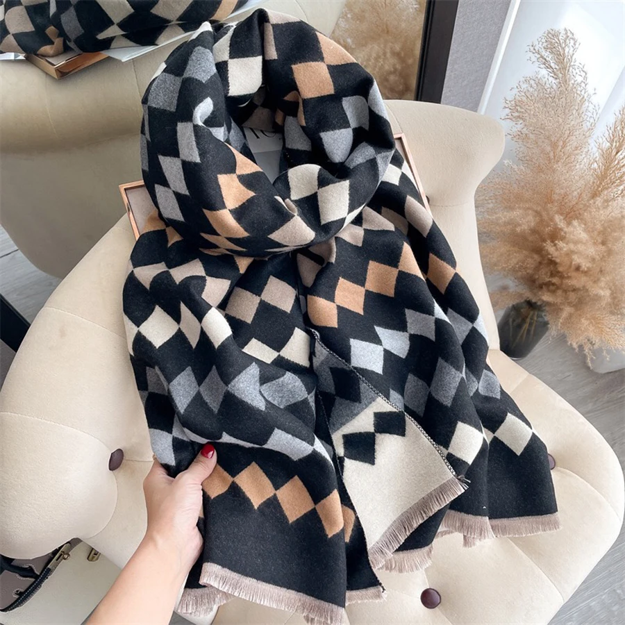 Fashion Contrast Colors Geometry Stripe Acrylic Cashmere Scarf Shawl Unisex Winter Neckerchief Thick Cape Wraps Double Sides