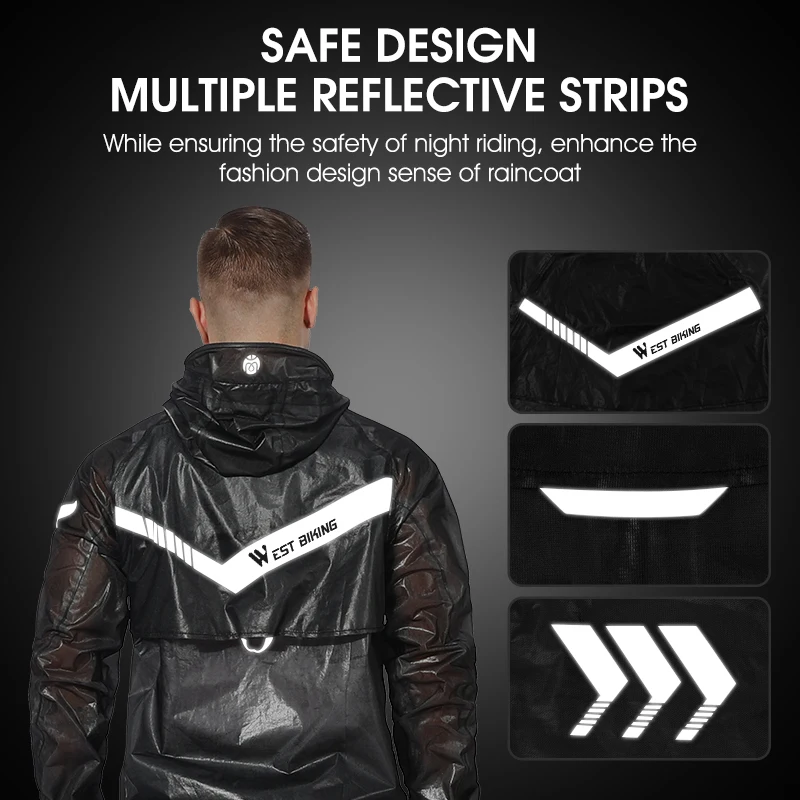 WEST BIKING Waterproof Cycling Raincoat MTB Road Bike Cycling Hooded Jacket Windproof Safety Reflective Motorcycle Raincoat