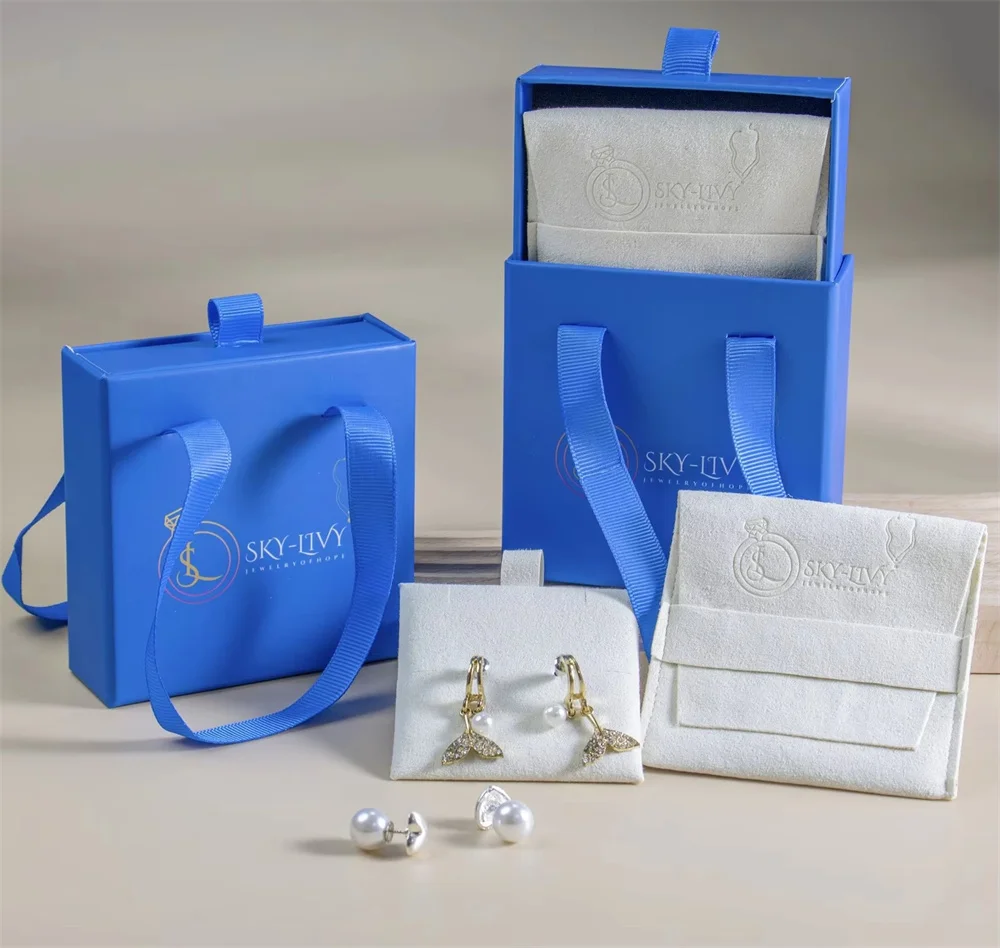 New Custom Blue Jewelry Box and Pouch Packaging with Insert Pad, Envelope Jewelry Bag with Logo