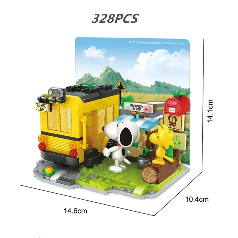 Miniso Snoopy Camping Outdoor Fun School Bus Peanuts Cute Anime Friends Figures Cartoon Building Blocks Bricks Toys Kid Gifts