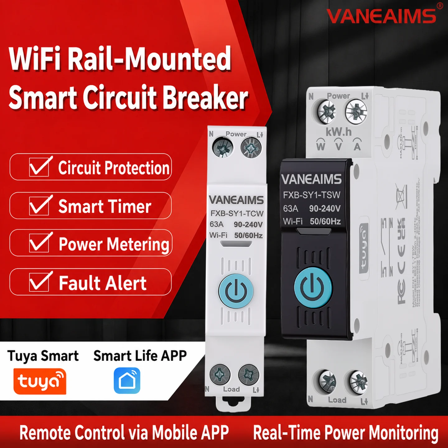 WiFi Smart Circuit Breaker 1P+N 63A DIN Rail Mounted kWh Power Metering MCB Tuya Smart Life APP Wireless Remote Control Switch