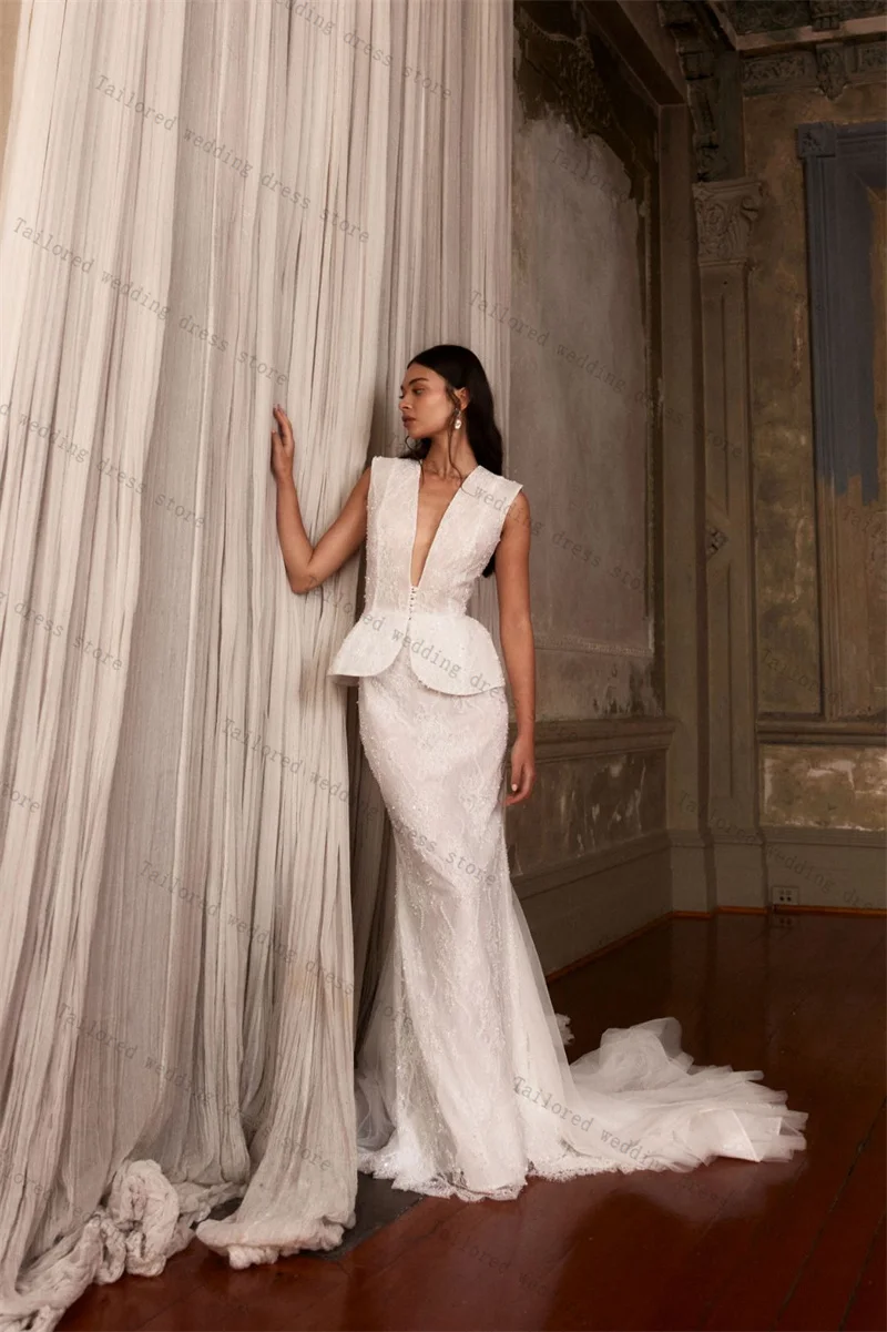 Bainha de luxo vestido de baile de casamento sexy sem mangas com decote em v vestido de noite de noiva personalizado rendas até voltar longo boho praia robe