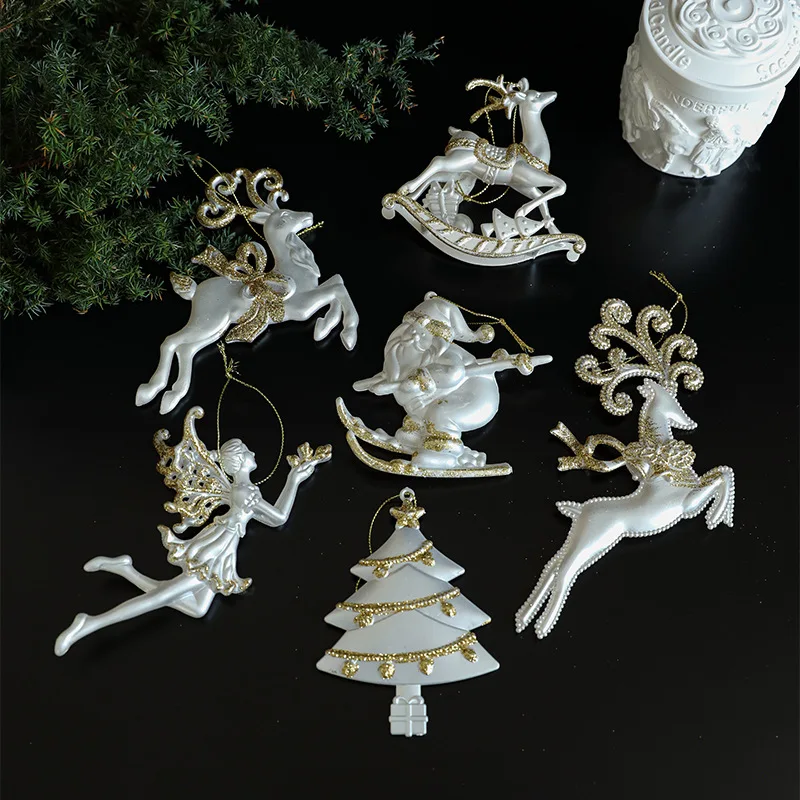 Glitter White Christmas Tree Ornaments Angel Elk Xmas Tree Hanging Pendants New Year Party Navidad Gifts Home Decorations