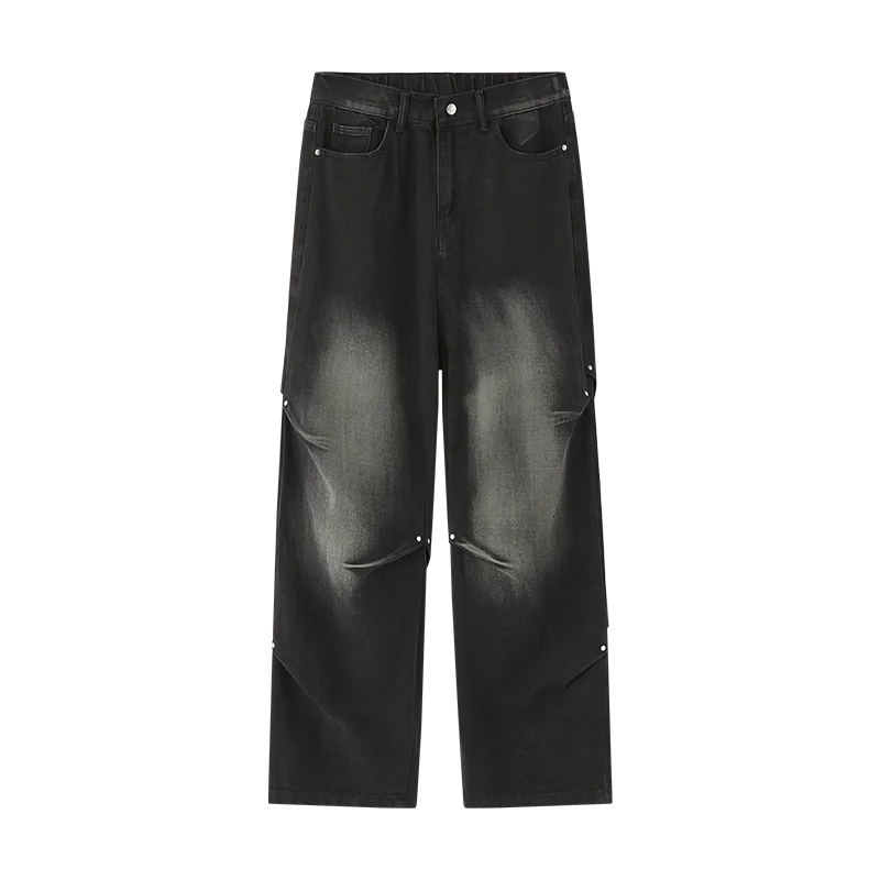 2025년 봄 신상 패셔너블한 주름 디자인의 접힌 에이징 데님 팬츠, 남성용 그라데이션 워싱 스트레이트 데님 바지