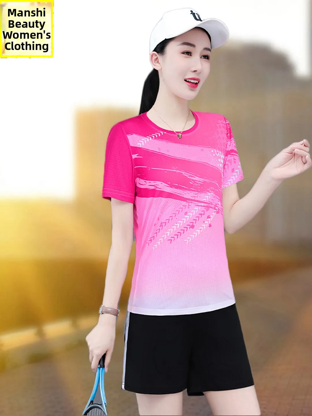 طقم رياضي جاف من الحرير الجليدي للنساء 2025 صيفي جديد ort Sve orts بدلة جري عصرية طقم مكون من قطعتين للتنس
