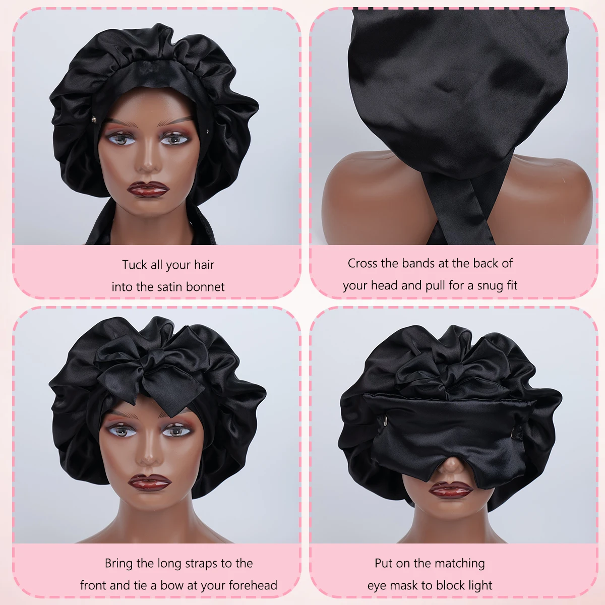 Silk Double-Layer Eye Mask with Detachable Butterfly Knot Sleep Cap Elastic Wide-Brim Bath Cap for Beauty Makeup Soft Comfortabl