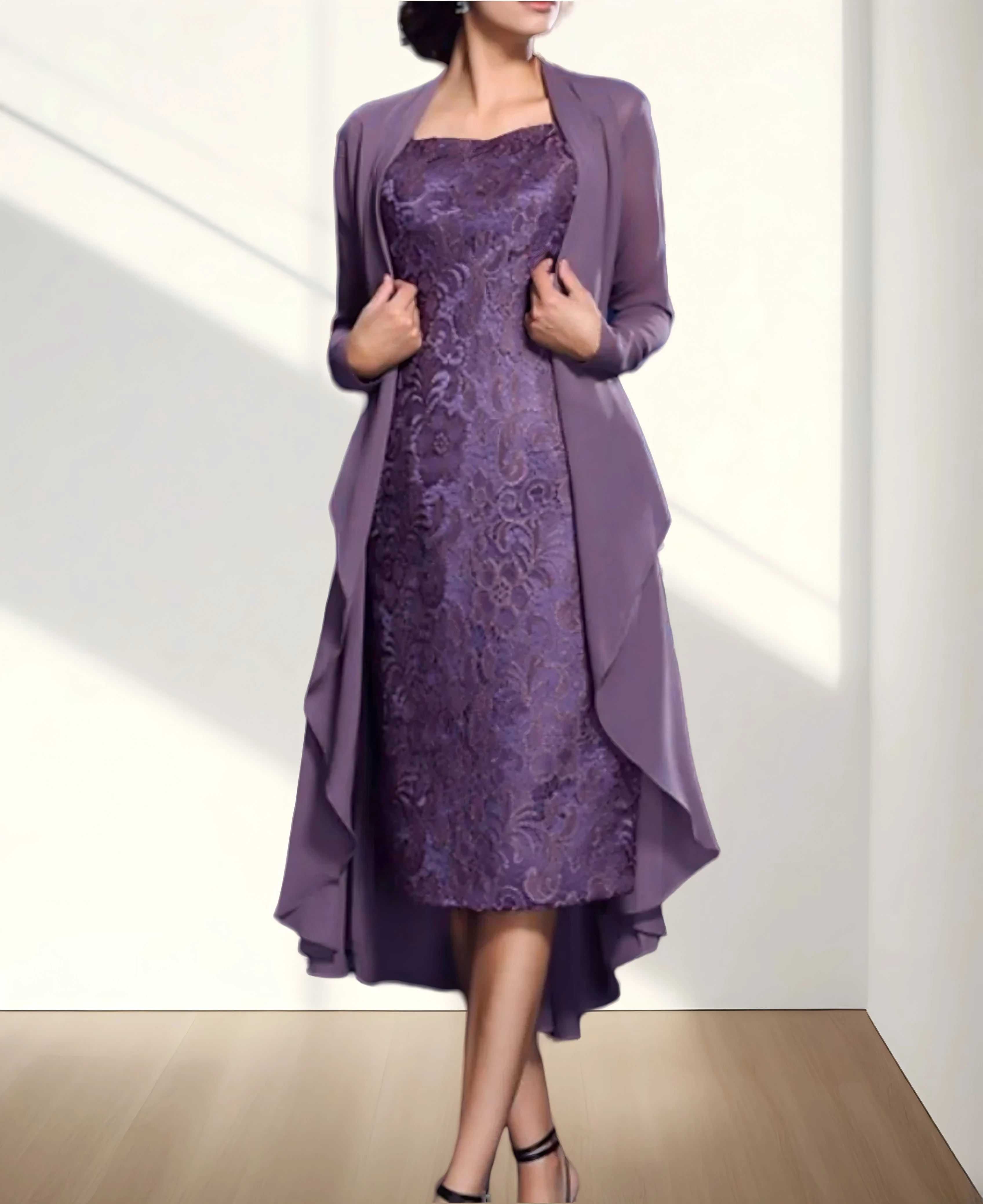 Mother of the Bride Dress Elegant Jewel Neck Knee Length Chiffon Long Sleeve Jacket Dresses with Lace 2026