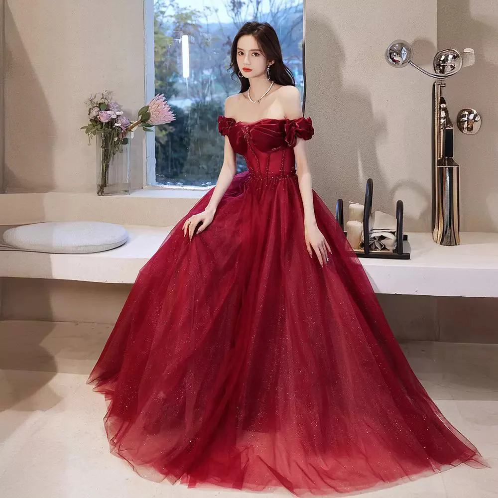 

Wine Red Off Shoulder Evening Dress Sweet Pleated Bow Bead Engagement Gown Fashionable Sequin A-line Prom Party Vestido