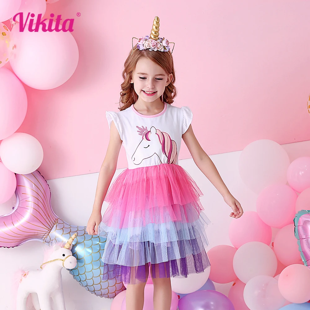 VIKITA Girls Tutu Dress Toddlers Summer Flare Sleeve Princess Dresses Girl Unicorn Cartoon Party Layered Dress Children Clothing