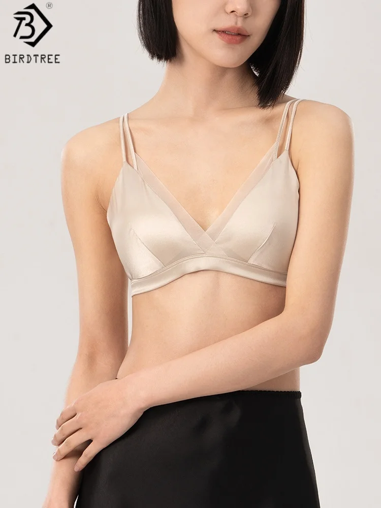 

Birdtree 93% шелк 7% спандекс бюстгальтер, женский эластичный атласный бюстгальтер во французском стиле с треугольными чашками и двойными бретелями мягкое нижнее белье A59117JF